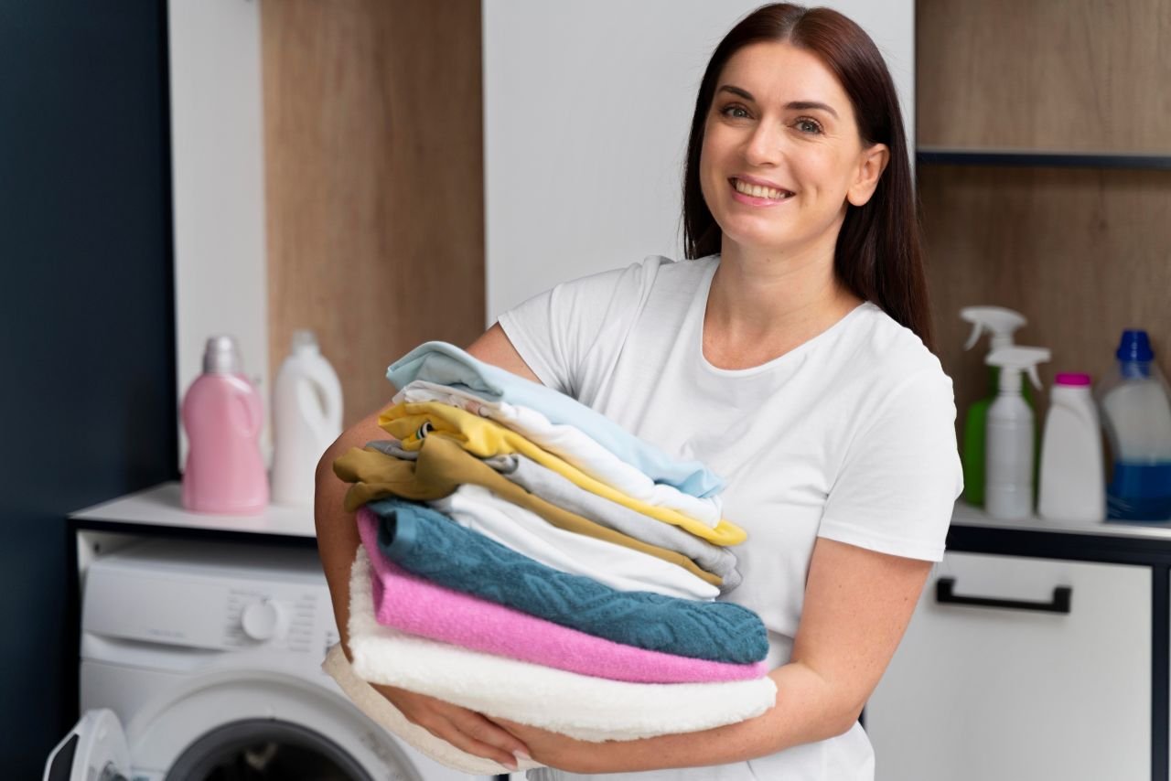 woman holding pile clean clothes